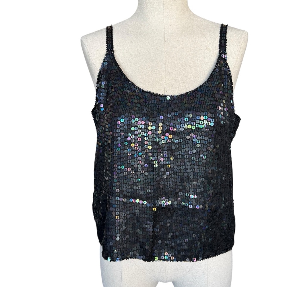 Vintage Black Iridescent Sequin Silk Tank Top Spellbound Beaded Festival Medium